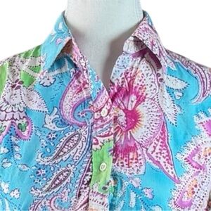 Lauren Ralph Lauren Petite Paisley Button Shirt Cotton Boho Womens PS Blue Multi